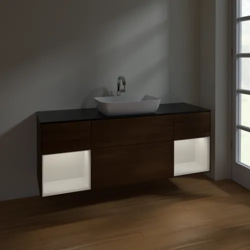 VILLEROY BOCH Toaletní skříňka Finion, s osvětlením, 4 výsuvy, 1600 x 603 x 501 mm, ořechová dýha / lesklý bílý lak / černé matné sklo #F862GFGN, obrázek 5