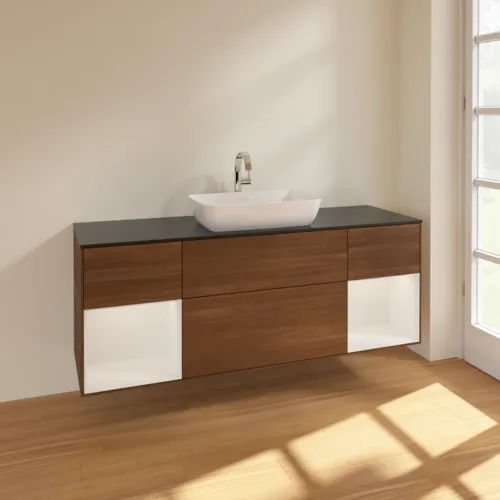 VILLEROY BOCH Toaletní skříňka Finion, s osvětlením, 4 výsuvy, 1600 x 603 x 501 mm, ořechová dýha / lesklý bílý lak / černé matné sklo #F862GFGN, obrázek 2