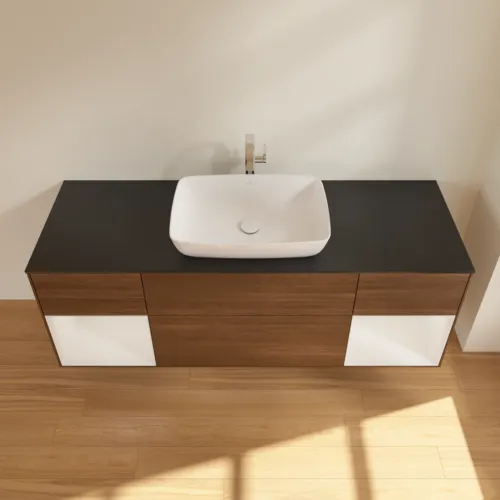 VILLEROY BOCH Toaletní skříňka Finion, s osvětlením, 4 výsuvy, 1600 x 603 x 501 mm, ořechová dýha / lesklý bílý lak / černé matné sklo #F862GFGN, obrázek 4