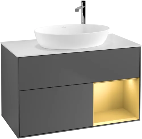 VILLEROY BOCH Toaletní skříňka Finion, s osvětlením, 2 výsuvy, 1000 x 603 x 501 mm, antracitový matný lak / zlatý matný lak / bílé matné sklo #F901HFGK, obrázek 1