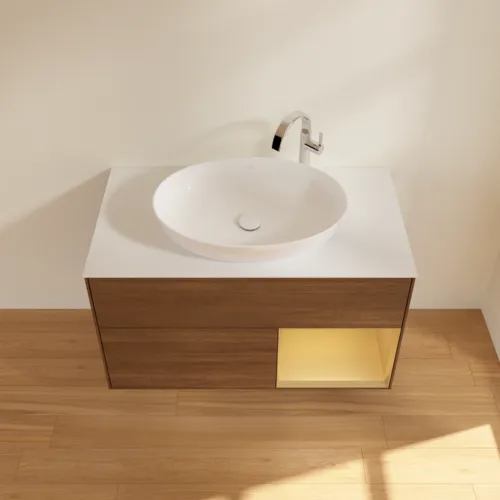 VILLEROY BOCH Toaletní stolek Finion, s osvětlením, 2 výsuvy, 1000 x 603 x 501 mm, ořechová dýha / zlatý matný lak / sklo bílé matné #F901HFGN, obrázek 4