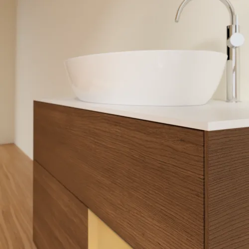 VILLEROY BOCH Toaletní stolek Finion, s osvětlením, 2 výsuvy, 1000 x 603 x 501 mm, ořechová dýha / zlatý matný lak / sklo bílé matné #F901HFGN, obrázek 6