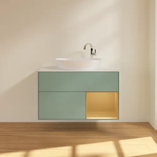 VILLEROY BOCH Toaletní skříňka Finion, s osvětlením, 2 výsuvy, 1000 x 603 x 501 mm, olivový matný lak / zlatý matný lak / bílé matné sklo #F901HFGM, obrázek 3