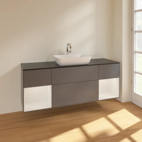 VILLEROY BOCH Toaletní skříňka Finion, s osvětlením, 4 výsuvy, 1600 x 603 x 501 mm, antracitový matný lak / lesklý bílý lak / černé matné sklo #F862GFGK, obrázek 2
