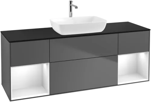 VILLEROY BOCH Toaletní skříňka Finion, s osvětlením, 4 výsuvy, 1600 x 603 x 501 mm, antracitový matný lak / lesklý bílý lak / černé matné sklo #F862GFGK, obrázek 1