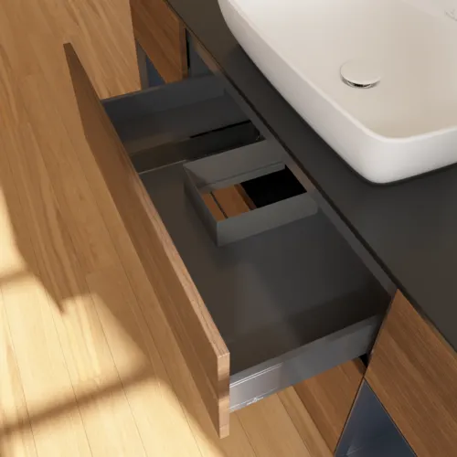 VILLEROY BOCH Toaletní skříňka Finion, s osvětlením, 4 výsuvy, 1600 x 603 x 501 mm, ořechová dýha / půlnočně modrý matný lak / černé matné sklo #F862HGGN, obrázek 8