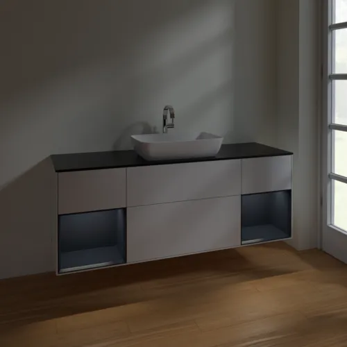 VILLEROY BOCH Toaletní skříňka Finion, s osvětlením, 4 výsuvy, 1600 x 603 x 501 mm, lesklý bílý lak / půlnoční modrý matný lak / černé matné sklo #F862HGGF, obrázek 5