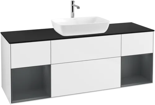 VILLEROY BOCH Toaletní skříňka Finion, s osvětlením, 4 výsuvy, 1600 x 603 x 501 mm, lesklý bílý lak / půlnoční modrý matný lak / černé matné sklo #F862HGGF, obrázek 1