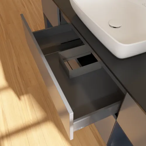 VILLEROY BOCH Toaletní skříňka Finion, s osvětlením, 4 výsuvy, 1600 x 603 x 501 mm, antracitový matný lak / půlnoční modrý matný lak / černé matné sklo #F862HGGK, obrázek 8