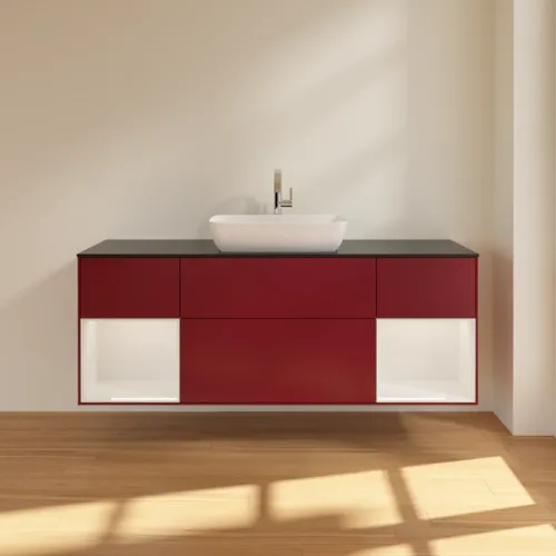 VILLEROY BOCH Toaletní skříňka Finion, s osvětlením, 4 výsuvy, 1600 x 603 x 501 mm, matný lak Peony / lesklý bílý lak / černé matné sklo #F862GFHB, obrázek 3