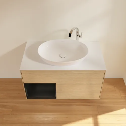 VILLEROY BOCH Toaletní skříňka Finion, s osvětlením, 2 výsuvy, 1000 x 603 x 501 mm, dubová dýha / černý matný lak / sklo bílé matné #F891PDPC, obrázek 4