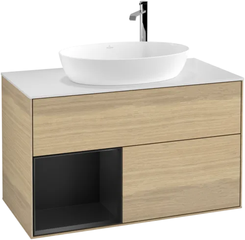 VILLEROY BOCH Toaletní skříňka Finion, s osvětlením, 2 výsuvy, 1000 x 603 x 501 mm, dubová dýha / černý matný lak / sklo bílé matné #F891PDPC