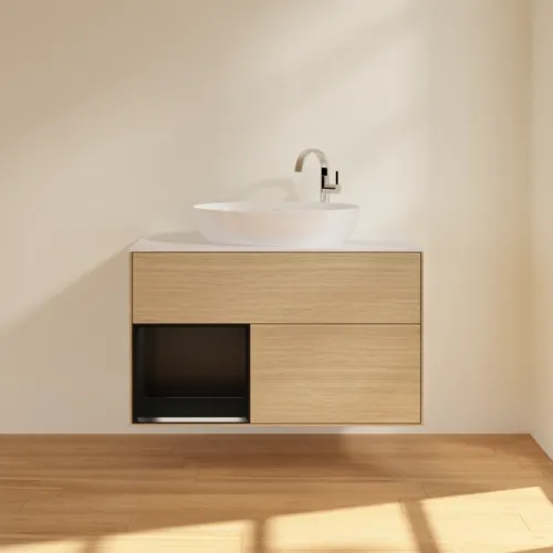 VILLEROY BOCH Toaletní skříňka Finion, s osvětlením, 2 výsuvy, 1000 x 603 x 501 mm, dubová dýha / černý matný lak / sklo bílé matné #F891PDPC, obrázek 3