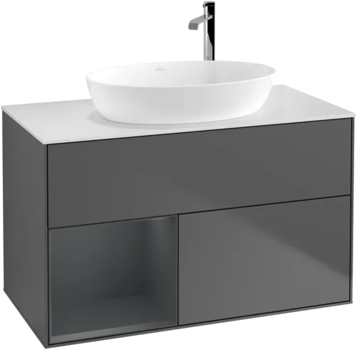 VILLEROY BOCH Toaletní skříňka Finion, s osvětlením, 2 výsuvy, 1000 x 603 x 501 mm, antracitový matný lak / půlnoční modrý matný lak / bílé matné sklo #F891HGGK