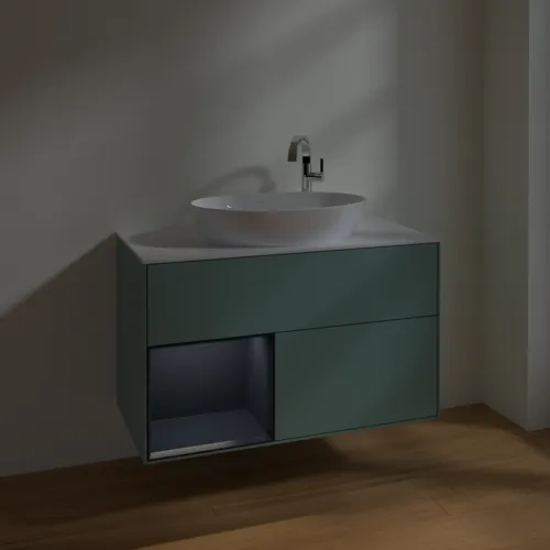 VILLEROY BOCH Toaletní skříňka Finion, s osvětlením, 2 výsuvy, 1000 x 603 x 501 mm, olivový matný lak / půlnoční modrý matný lak / bílé matné sklo #F891HGGM, obrázek 5