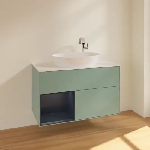 VILLEROY BOCH Toaletní skříňka Finion, s osvětlením, 2 výsuvy, 1000 x 603 x 501 mm, olivový matný lak / půlnoční modrý matný lak / bílé matné sklo #F891HGGM, obrázek 2