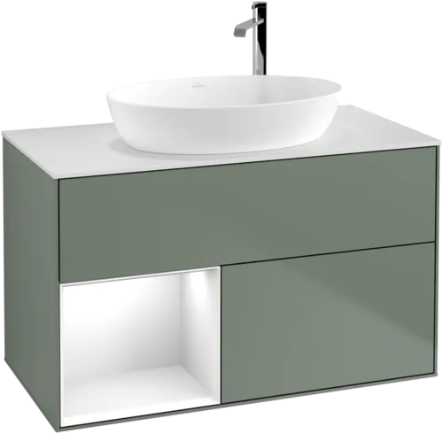 VILLEROY BOCH Toaletní skříňka Finion, s osvětlením, 2 výsuvy, 1000 x 603 x 501 mm, olivový matný lak / lesklý bílý lak / sklo bílé matné #F891GFGM, obrázek 1