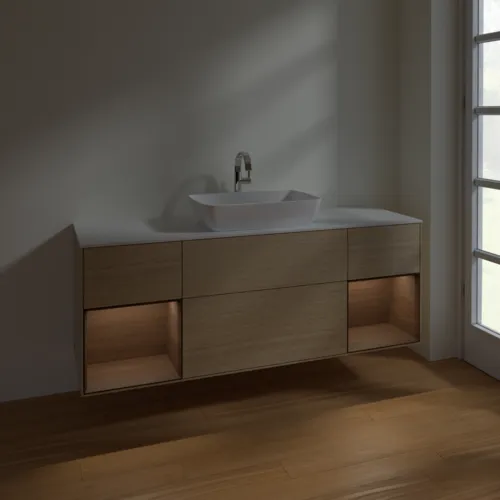 VILLEROY BOCH Toaletní skříňka Finion, s osvětlením, 4 výsuvy, 1600 x 603 x 501 mm, dubová dýha / ořechová dýha / sklo bílé matné #F861GNPC, obrázek 5