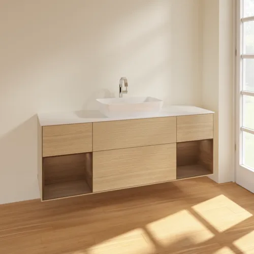 VILLEROY BOCH Toaletní skříňka Finion, s osvětlením, 4 výsuvy, 1600 x 603 x 501 mm, dubová dýha / ořechová dýha / sklo bílé matné #F861GNPC, obrázek 2