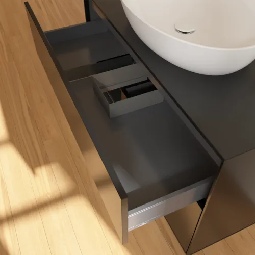 VILLEROY BOCH Umyvadlová skříňka Finion, s osvětlením, 2 výsuvy, 1000 x 603 x 501 mm, černý matný lak / černý matný lak / černé matné sklo #F892PDPD, obrázek 8