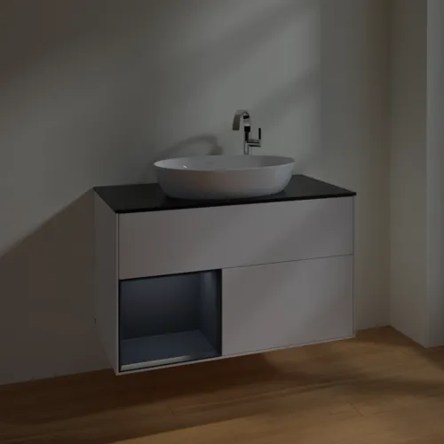 VILLEROY BOCH Toaletní skříňka Finion, s osvětlením, 2 výsuvy, 1000 x 603 x 501 mm, bílý matný lak / půlnoční modrý matný lak / černé matné sklo #F892HGMT, obrázek 5