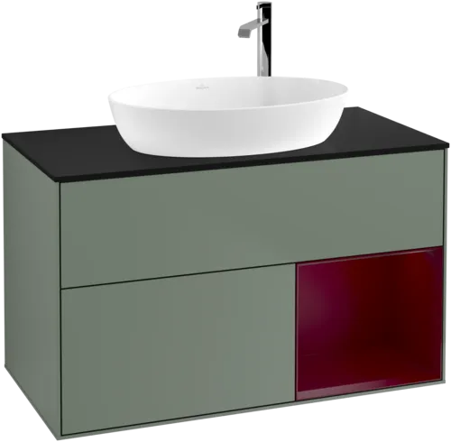 VILLEROY BOCH Toaletní skříňka Finion, s osvětlením, 2 výsuvy, 1000 x 603 x 501 mm, olivový matný lak / pivoňkový matný lak / černé matné sklo #F902HBGM, obrázek 1