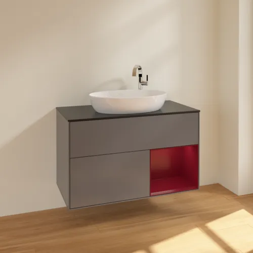 VILLEROY BOCH Toaletní skříňka Finion, s osvětlením, 2 výsuvy, 1000 x 603 x 501 mm, antracitový matný lak / pivoňkový matný lak / černé matné sklo #F902HBGK, obrázek 2