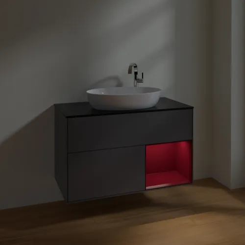 VILLEROY BOCH Toaletní skříňka Finion, s osvětlením, 2 výsuvy, 1000 x 603 x 501 mm, antracitový matný lak / pivoňkový matný lak / černé matné sklo #F902HBGK, obrázek 3
