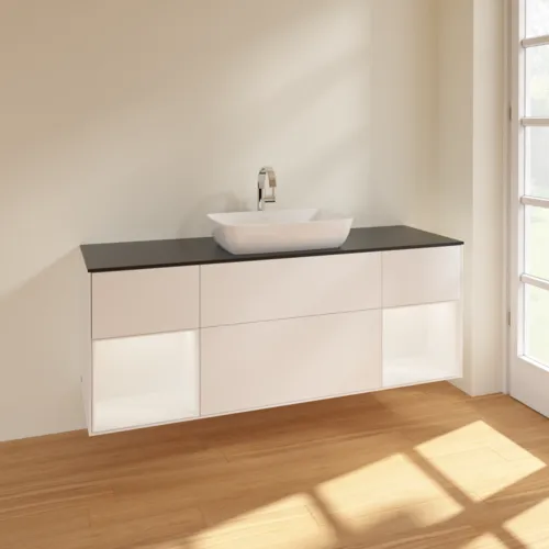 VILLEROY BOCH Toaletní skříňka Finion, s osvětlením, 4 výsuvy, 1600 x 603 x 501 mm, bílý matný lak / bílý matný lak / černé matné sklo #F862MTMT, obrázek 2