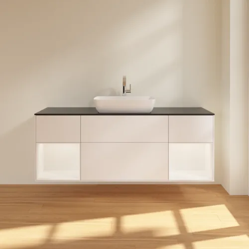 VILLEROY BOCH Toaletní skříňka Finion, s osvětlením, 4 výsuvy, 1600 x 603 x 501 mm, bílý matný lak / bílý matný lak / černé matné sklo #F862MTMT, obrázek 3
