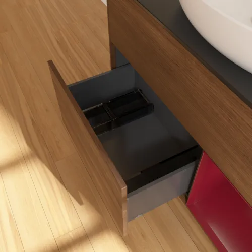 VILLEROY BOCH Toaletní skříňka Finion, s osvětlením, 2 výsuvy, 1000 x 603 x 501 mm, ořechová dýha / matný lak Pivoňka / černé matné sklo #F902HBGN, obrázek 7