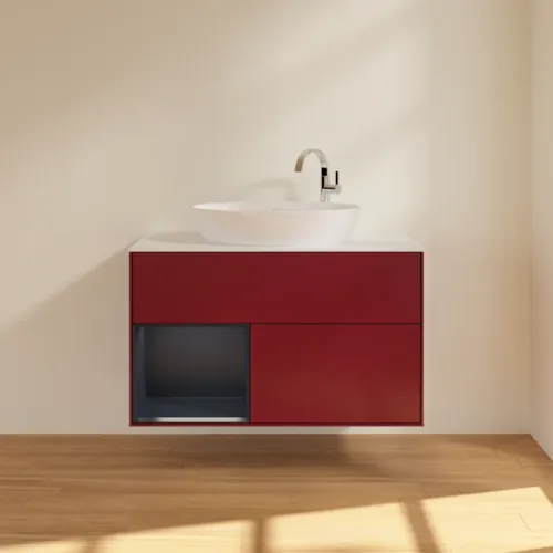 VILLEROY BOCH Toaletní skříňka Finion, s osvětlením, 2 výsuvy, 1000 x 603 x 501 mm, Pivoňka matný lak / Půlnoční modrá matný lak / Sklo bílé matné #F891HGHB, obrázek 3