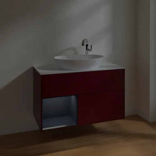 VILLEROY BOCH Toaletní skříňka Finion, s osvětlením, 2 výsuvy, 1000 x 603 x 501 mm, Pivoňka matný lak / Půlnoční modrá matný lak / Sklo bílé matné #F891HGHB, obrázek 5