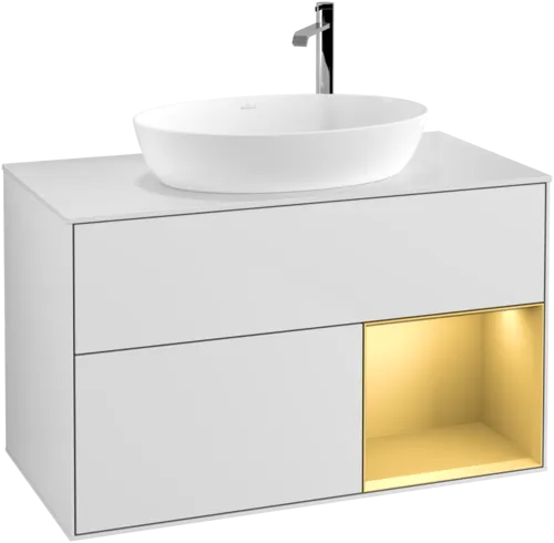 VILLEROY BOCH Toaletní skříňka Finion, s osvětlením, 2 výsuvy, 1000 x 603 x 501 mm, bílý matný lak / zlatý matný lak / sklo bílé matné #F901HFMT, obrázek 1