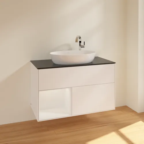 VILLEROY BOCH Umyvadlová skříňka Finion, s osvětlením, 2 výsuvy, 1000 x 603 x 501 mm, bílý matný lak / bílý lesklý lak / černé matné sklo #F892GFMT, obrázek 2