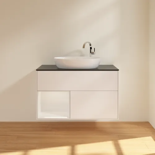 VILLEROY BOCH Umyvadlová skříňka Finion, s osvětlením, 2 výsuvy, 1000 x 603 x 501 mm, bílý matný lak / bílý lesklý lak / černé matné sklo #F892GFMT, obrázek 3