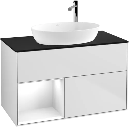 VILLEROY BOCH Umyvadlová skříňka Finion, s osvětlením, 2 výsuvy, 1000 x 603 x 501 mm, bílý matný lak / bílý lesklý lak / černé matné sklo #F892GFMT, obrázek 1
