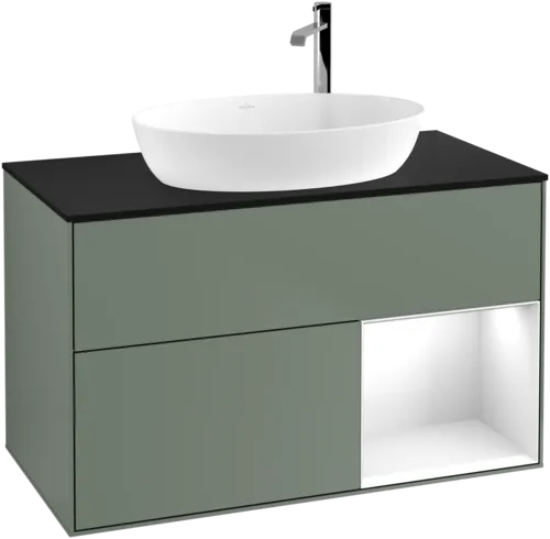 VILLEROY BOCH Toaletní skříňka Finion, s osvětlením, 2 výsuvy, 1000 x 603 x 501 mm, olivový matný lak / lesklý bílý lak / sklo černé matné #F902GFGM, obrázek 1