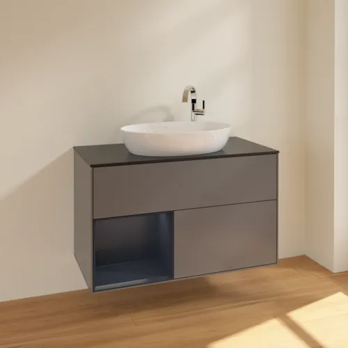 VILLEROY BOCH Toaletní skříňka Finion, s osvětlením, 2 výsuvy, 1000 x 603 x 501 mm, antracitový matný lak / půlnoční modrý matný lak / černé matné sklo #F892HGGK, obrázek 2