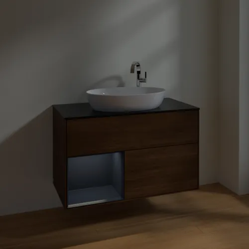 VILLEROY BOCH Toaletní skříňka Finion, s osvětlením, 2 výsuvy, 1000 x 603 x 501 mm, ořechová dýha / půlnočně modrý matný lak / černé matné sklo #F892HGGN, obrázek 5