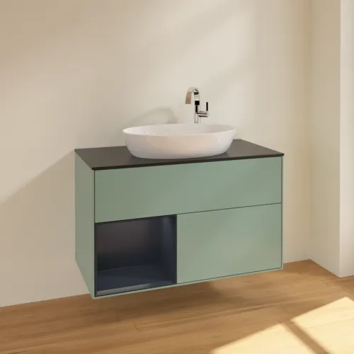 VILLEROY BOCH Toaletní skříňka Finion, s osvětlením, 2 výsuvy, 1000 x 603 x 501 mm, olivový matný lak / půlnoční modrý matný lak / černé matné sklo #F892HGGM, obrázek 2