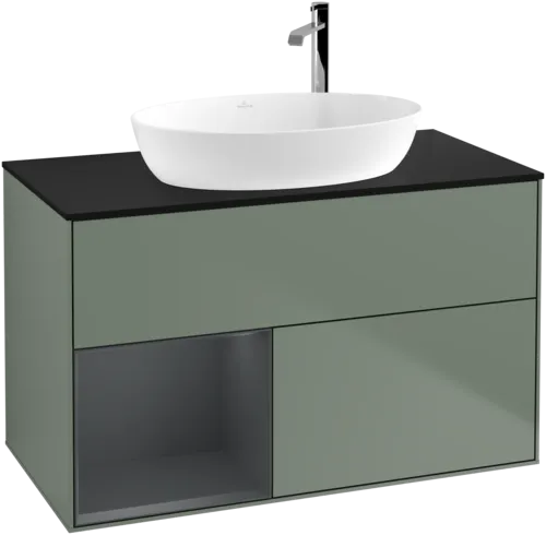 VILLEROY BOCH Toaletní skříňka Finion, s osvětlením, 2 výsuvy, 1000 x 603 x 501 mm, olivový matný lak / půlnoční modrý matný lak / černé matné sklo #F892HGGM, obrázek 1
