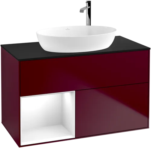 VILLEROY BOCH Toaletní skříňka Finion, s osvětlením, 2 výsuvy, 1000 x 603 x 501 mm, matný lak Peony / lesklý bílý lak / černé matné sklo #F892GFHB, obrázek 1