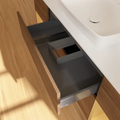 VILLEROY BOCH Toaletní skříňka Finion, s osvětlením, 4 výsuvy, 1600 x 603 x 501 mm, ořechová dýha / zlatý matný lak / sklo bílé matné #F861HFGN, obrázek 8