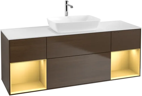 VILLEROY BOCH Toaletní skříňka Finion, s osvětlením, 4 výsuvy, 1600 x 603 x 501 mm, ořechová dýha / zlatý matný lak / sklo bílé matné #F861HFGN, obrázek 1