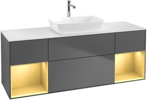 VILLEROY BOCH Toaletní skříňka Finion, s osvětlením, 4 výsuvy, 1600 x 603 x 501 mm, antracitový matný lak / zlatý matný lak / bílé matné sklo #F861HFGK, obrázek 1
