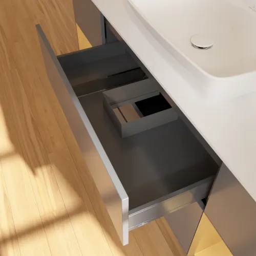 VILLEROY BOCH Toaletní skříňka Finion, s osvětlením, 4 výsuvy, 1600 x 603 x 501 mm, antracitový matný lak / zlatý matný lak / bílé matné sklo #F861HFGK, obrázek 8