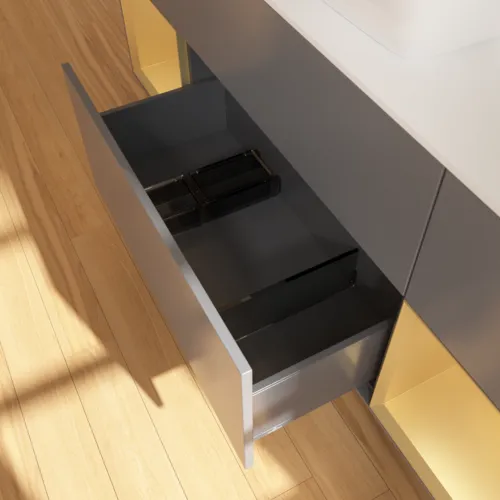 VILLEROY BOCH Toaletní skříňka Finion, s osvětlením, 4 výsuvy, 1600 x 603 x 501 mm, antracitový matný lak / zlatý matný lak / bílé matné sklo #F861HFGK, obrázek 7