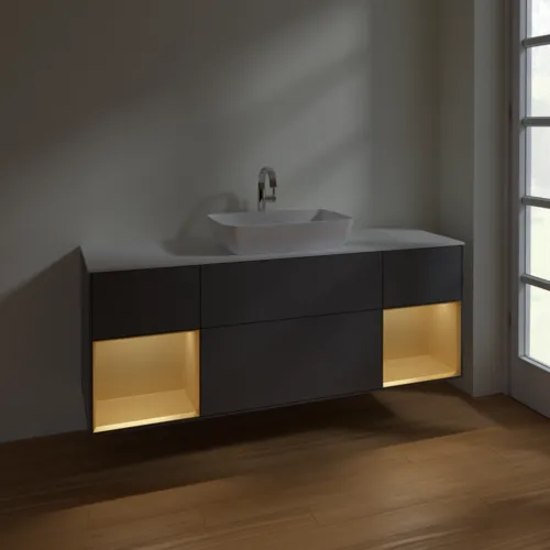 VILLEROY BOCH Toaletní skříňka Finion, s osvětlením, 4 výsuvy, 1600 x 603 x 501 mm, antracitový matný lak / zlatý matný lak / bílé matné sklo #F861HFGK, obrázek 5