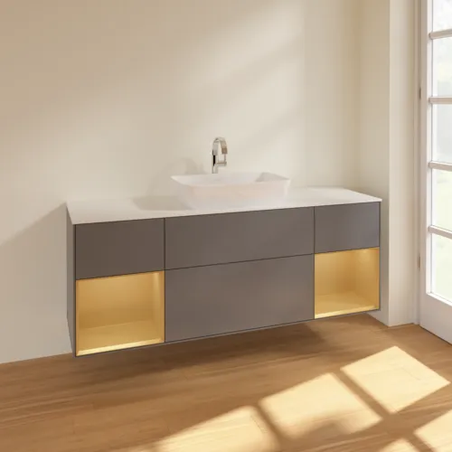 VILLEROY BOCH Toaletní skříňka Finion, s osvětlením, 4 výsuvy, 1600 x 603 x 501 mm, antracitový matný lak / zlatý matný lak / bílé matné sklo #F861HFGK, obrázek 2